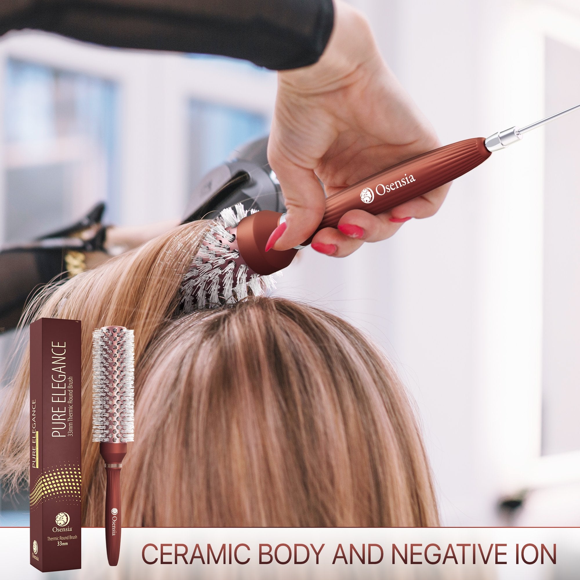 Long Ionic Ceramic Round Brush for Blow Drying - (1.3 Inch/ 33mm)